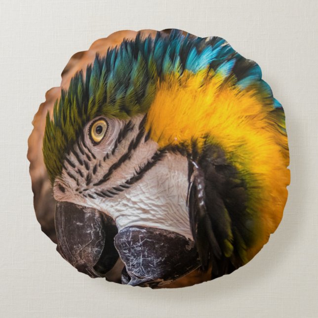 Blaues und gelbes Makaportrait Rundes Kissen (Vorderseite)