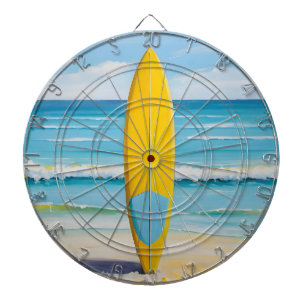 Blaues und gelbes Surfbrett am Strand Dartscheibe