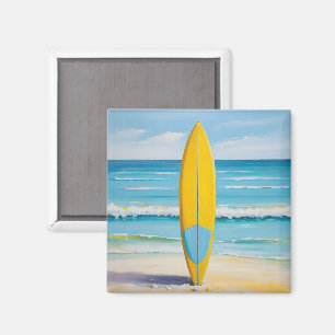 Blaues und gelbes Surfbrett am Strand Magnet