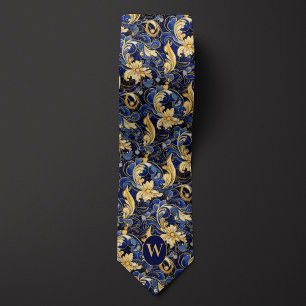 Blaues und goldenes florales Monogramm Krawatte
