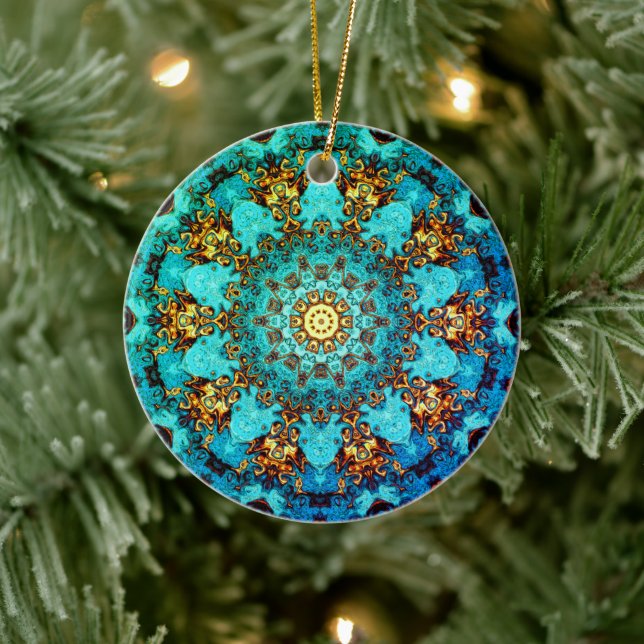 Blaues und goldenes Mandala-ähnliches Muster Keramik Ornament (Baum)