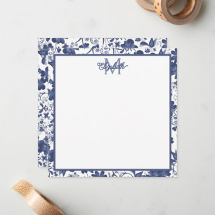 Blaues und Graues Blumenmonogramm Mitteilungskarte