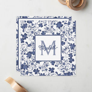 Blaues und graues florales Monogramm Mitteilungskarte