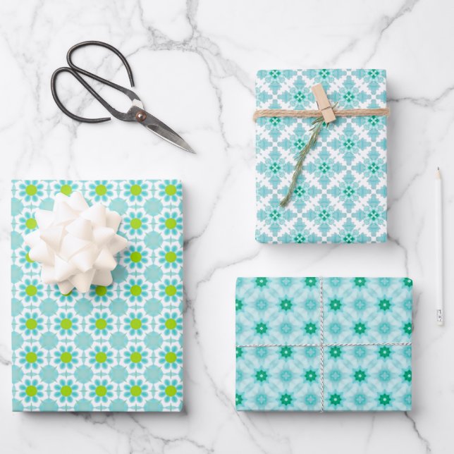 Blaues und grünes Abstraktes Mosaik Geschenkpapier Set (Vorderseite)