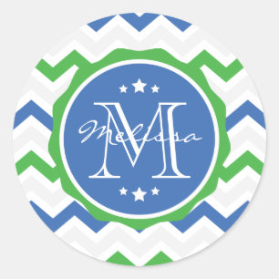 Blaues und grünes Chevron-Einzelmonogramm Runder Aufkleber