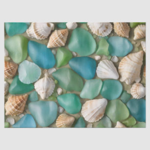Blaues und grünes Meerwasserglas- und Muschel-Seid Seidenpapier