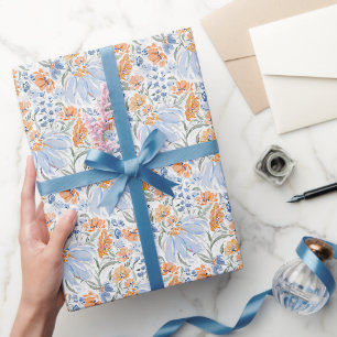 Blaues und korallenrotes Wasserfarben-Blumengarten Geschenkpapier