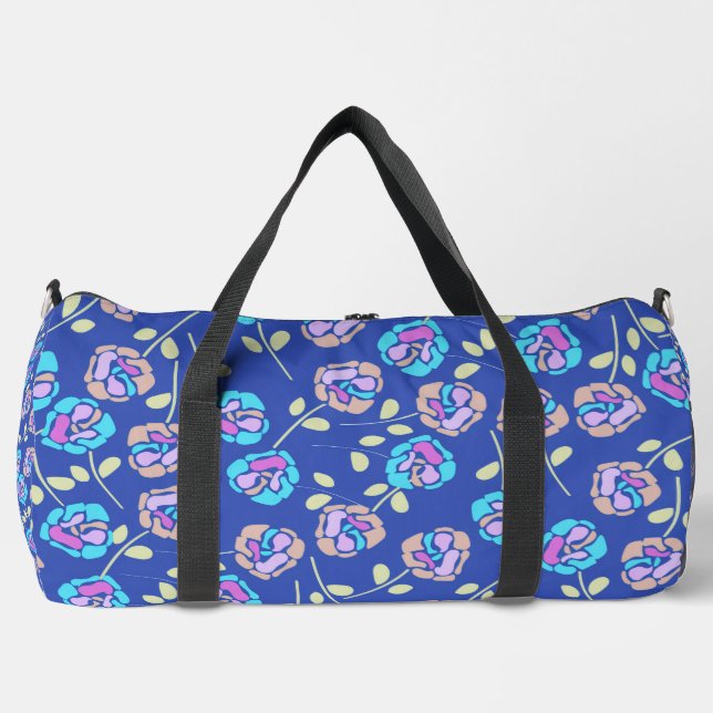 Blaues und lila Blumenmuster Duffle Bag (Vorderseite)