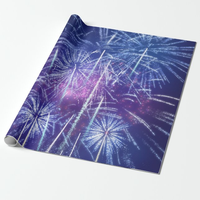 blaues und lila Feuerwerk Geschenkpapier (Ungerollt)