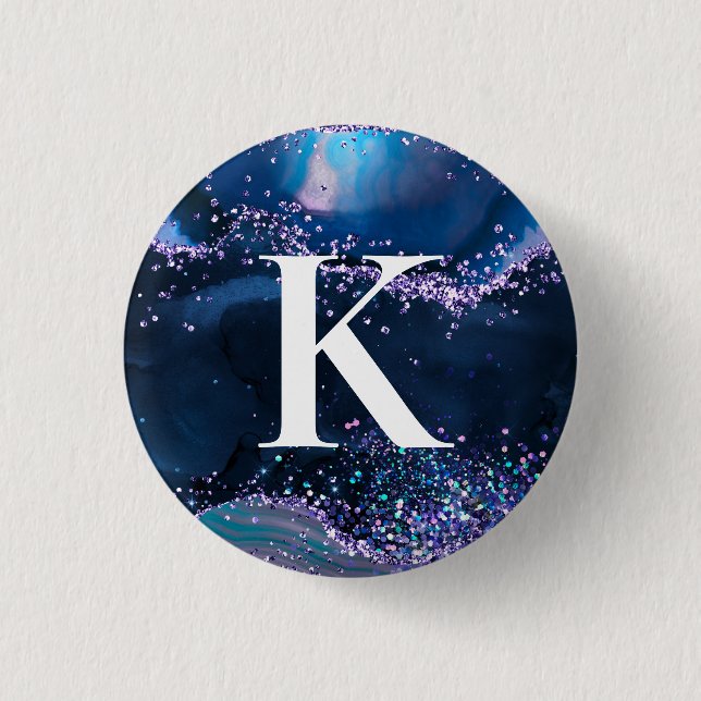 Blaues und lila glänzendes Achatmuster Initial Button (Vorderseite)
