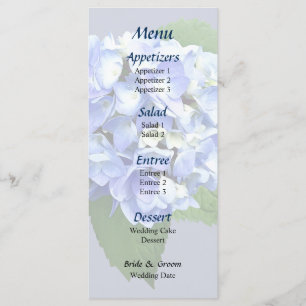 Blaues und Lila Hydrangea-Hochzeitmenü Menükarte