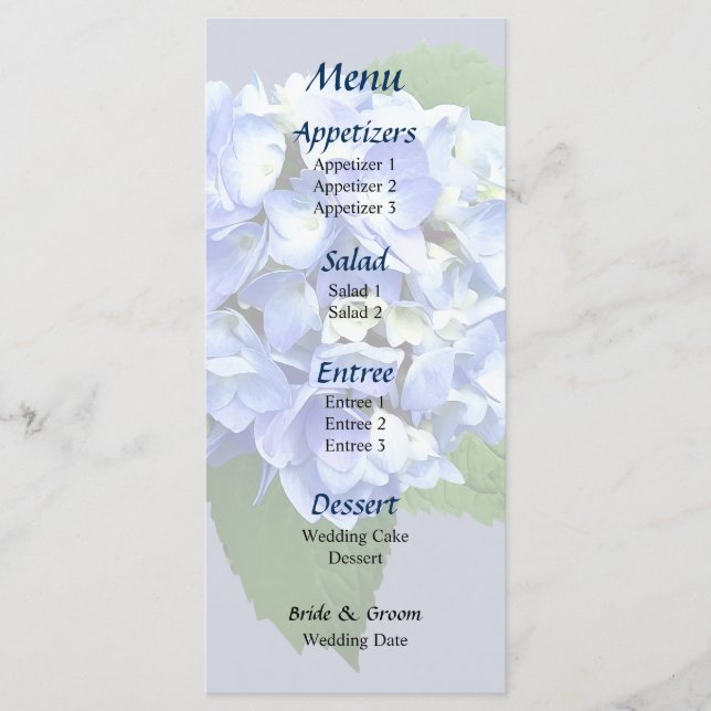 Blaues und Lila Hydrangea-Hochzeitmenü Menükarte (Vorderseite)