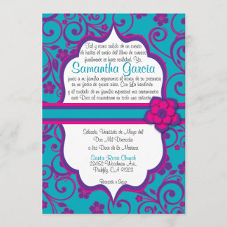 Blaues und lila Spanisch Quinceañera Einladung