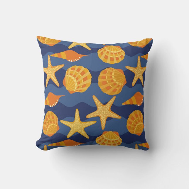 Blaues und orange Seashell-Muster Kissen (Vorderseite)
