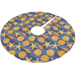 Blaues und orange Seashell-Muster Polyester Weihnachtsbaumdecke