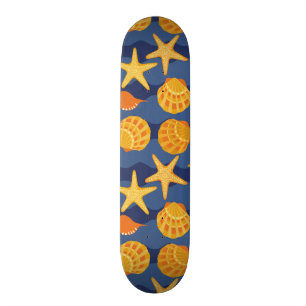 Blaues und orange Seashell-Muster Skateboard
