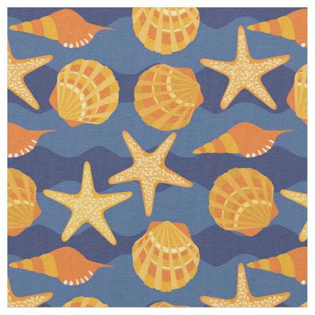 Blaues und orange Seashell-Muster Stoff (Nahaufnahme)