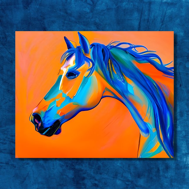 Blaues und orangefarbenes Abstraktes Pferd Poster (Personalized Blue and Orange Abstract Horse Art Poster)