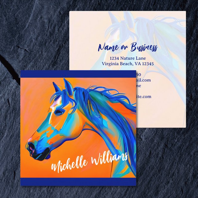 Blaues und orangefarbenes Abstraktes Pferd Quadratische Visitenkarte (Blue and Orange Abstract Horse Art Square Business Card)