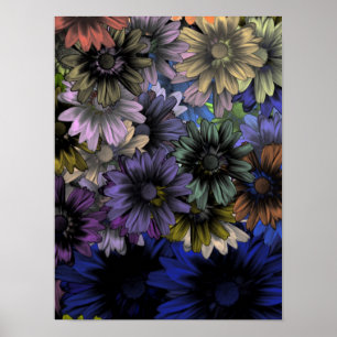 Blaues und oranges Blumenmuster Poster