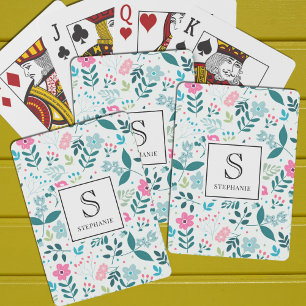 Blaues und rosa Blumenmuster mit Monogramm-Namen Spielkarten