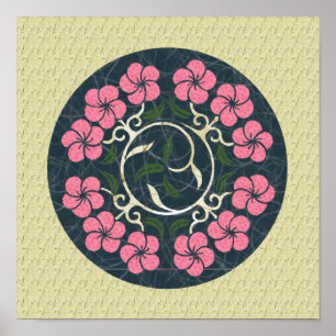 Blaues und rosa rundes florales Kunstdesign Poster
