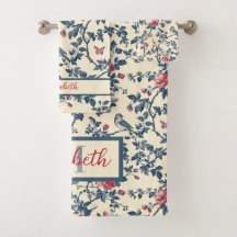 Blaues und rotes florales Toile de Jouy und Vögel