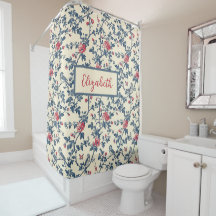 Blaues und rotes florales Toile de Jouy und Vögel
