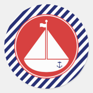 Blaues und rotes Segelboot Runder Aufkleber