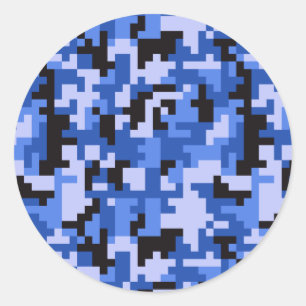 Blaues und schwarzes Wasser-Pixel-Tarnmuster Runder Aufkleber