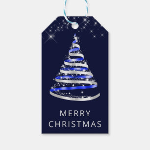 Blaues und silbernes Band & Glitter-Weihnachtsbaum Geschenkanhänger