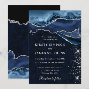 Blaues und silbernes Glitter-Achat Hochzeit Einladung