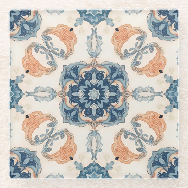 Blaues und Terrakotta-Mittelmeer-Boho Glasuntersetzer (Vorderseite)