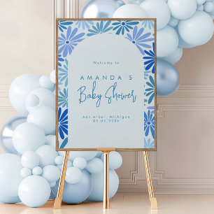 Blaues und Türkis-Retro-Blumen-Groovy-Baby-Willkom Poster