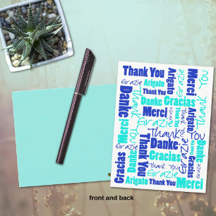Blaues und Türkisfarbenes multilinguales Dankeschö Postkarte