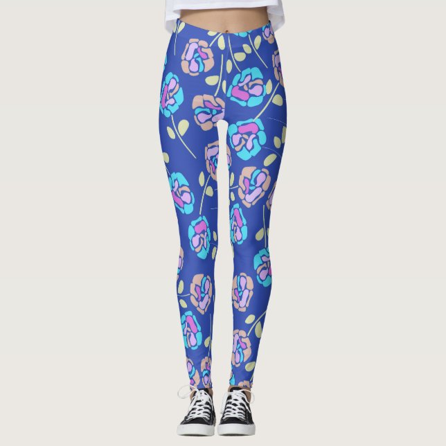 Blaues und violettes Blumenmuster Leggings (Vorderseite)