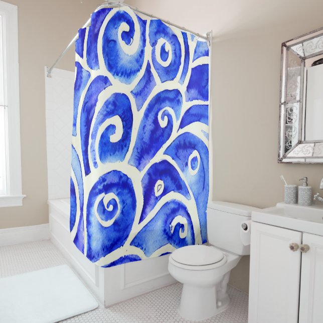 Blaues und weißes Abstraktes Muster für die Curry- Duschvorhang (Beispiel)