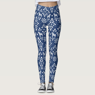 Blaues und weißes Dala Pferd Folk Art Muster Leggings
