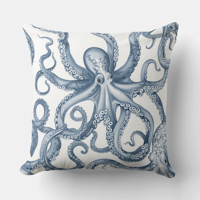 Blaues und weißes Octopus Design Kissen. Kissen (Vorderseite)