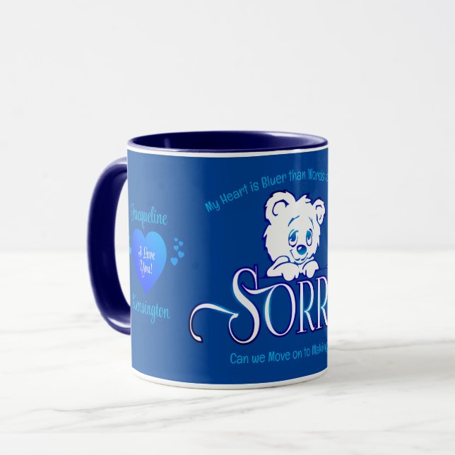 Blaues und weißes SORRY Tasse (Vorderseite Links)