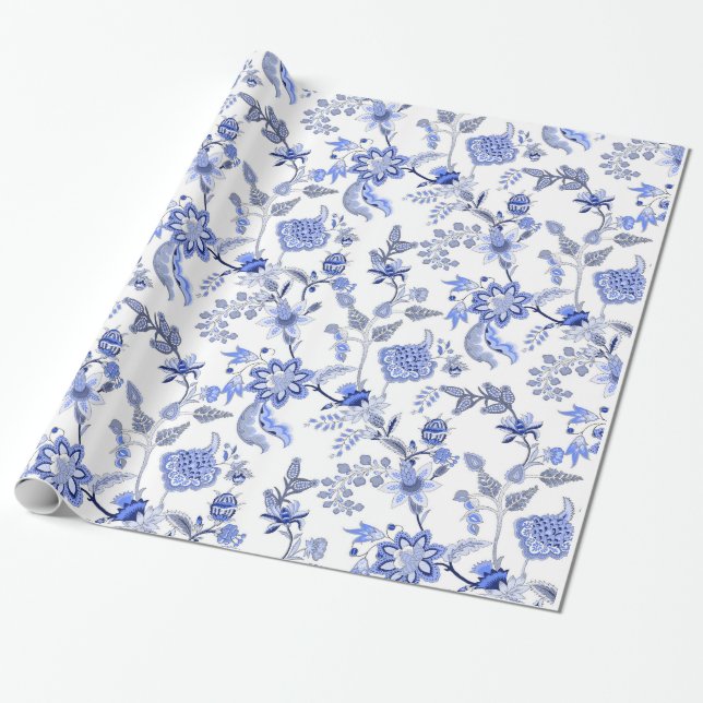 Blaues und weißes traditionelles Chintz-Muster Geschenkpapier (Ungerollt)