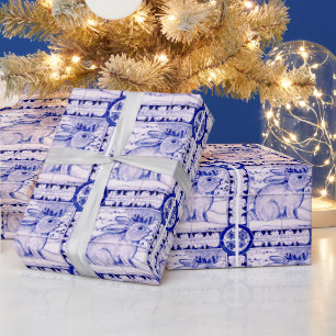 Blaues und weißes Weihnachtskaninchen-Packpapier Geschenkpapier