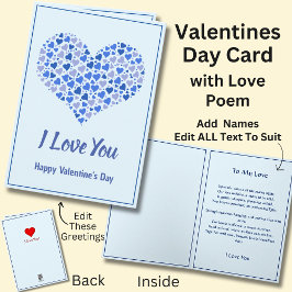 Blaues Valentinherz mit Liebe Gedicht Karte