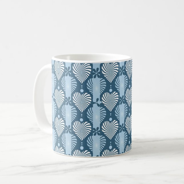 Blaues vertikal gestreiftes Muster mit Retro-Herz  Kaffeetasse (Vorderseite Links)