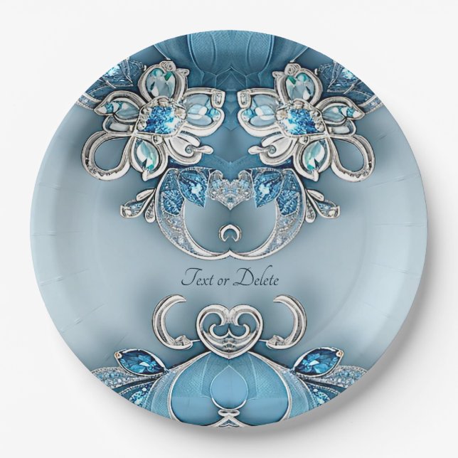 Blaues Verziertes Blumenpapier Pappteller (Vorderseite)