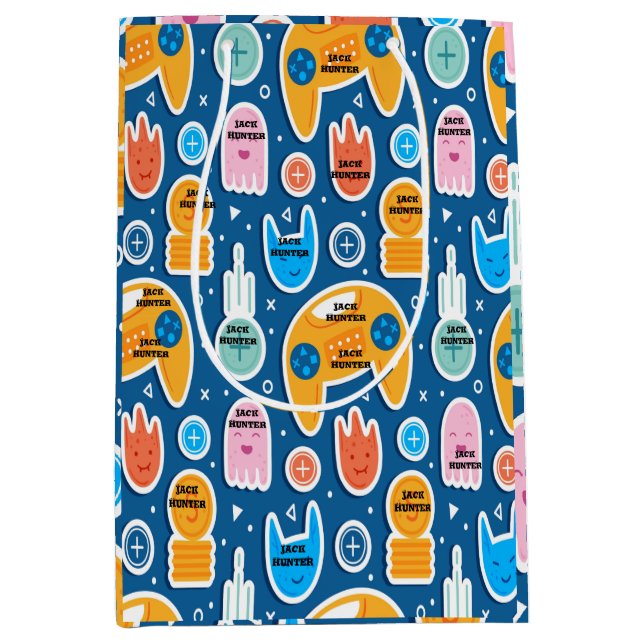 Blaues Videospiel Muster Personalisiert Geburtstag Mittlere Geschenktüte (Vorderseite)