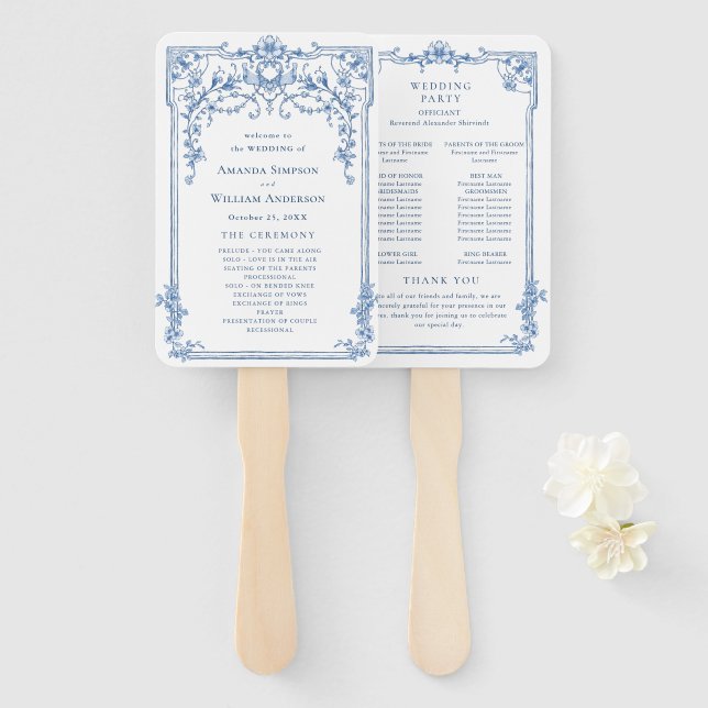 Blaues Viktorianisches Verziertes Hochzeitsprogram Fächer (Vorne und Hinten)