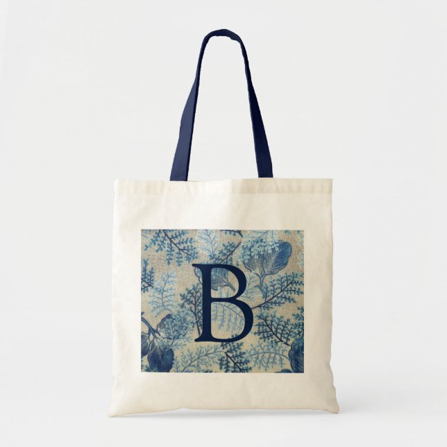Blaues Vintage-Blattmuster Blaues Monogramm Tragetasche (Vorne)