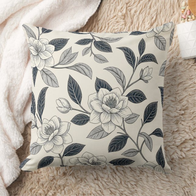 Blaues, vintage Blumen-Botanik-Muster (2) Kissen (Decke)