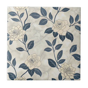 Blaues Vintage-Blumen-Botanik-Muster (3) Fliese